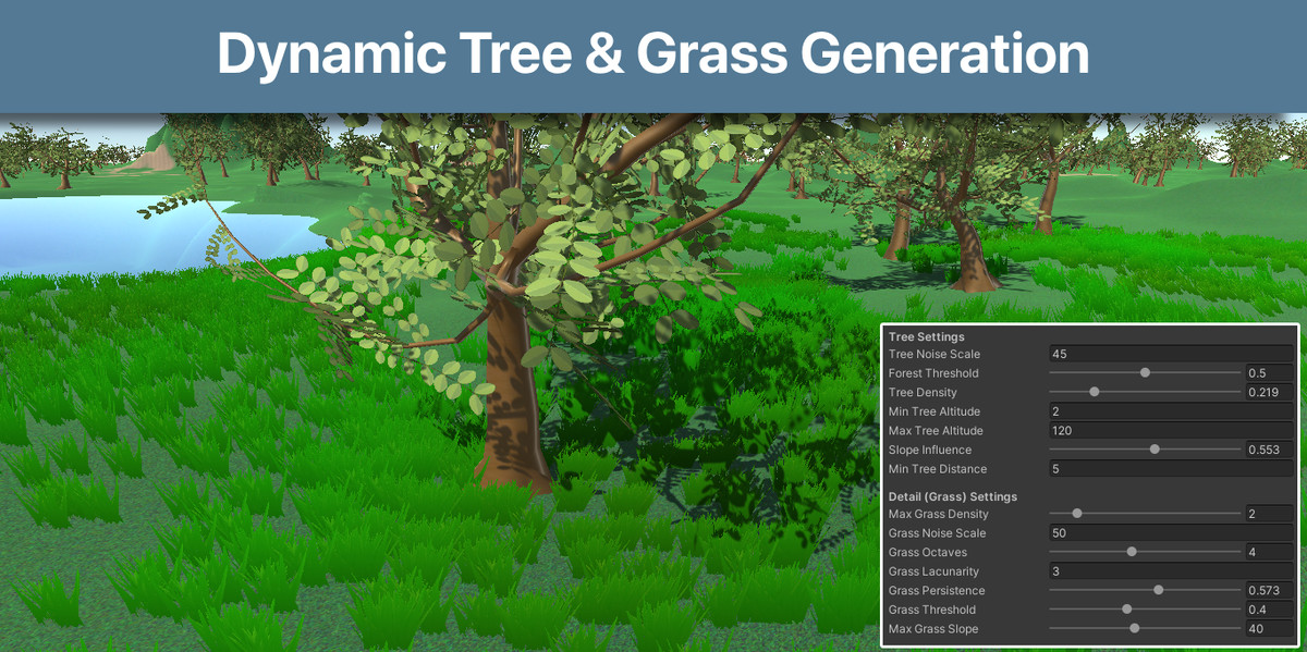 Procedural Terrain Generator with Lakes, Forests, Grass and Texture Blending