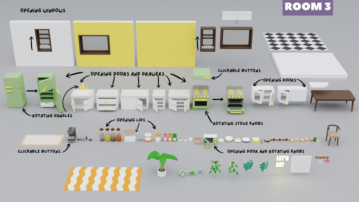 Cartoon Interactive Rooms & Furniture - Cozy Interior Pack