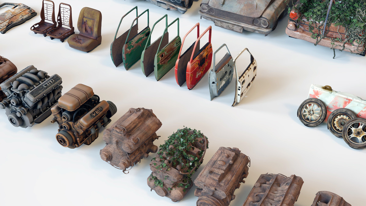 Old Abandoned Junk Rusty Vehicles 3d Game Ready Set (Car, Bus, Motorcycle, Bike)