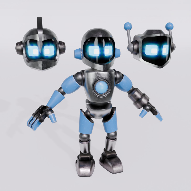 Stylized Rigged Robot with 3 Head variations