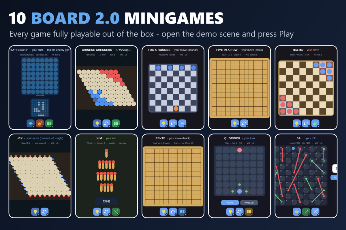 Mini Game Templates Board 2.0 - 10 Board Starters for Unity