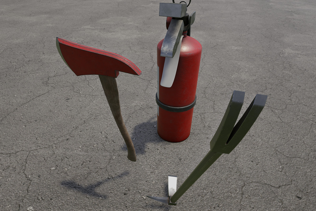 Fire Extinguisher, Crowbar & Fire Axe