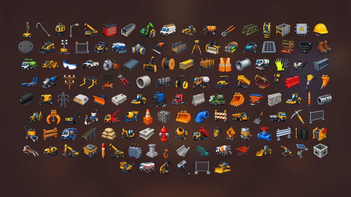 Construction Site Roadwork Heavy Machinery Infrastructure Icons Pack