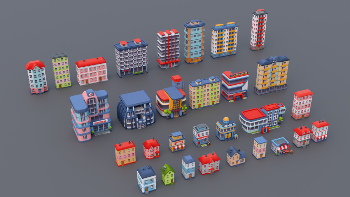 30 Low-Poly Urban Buildings Collection