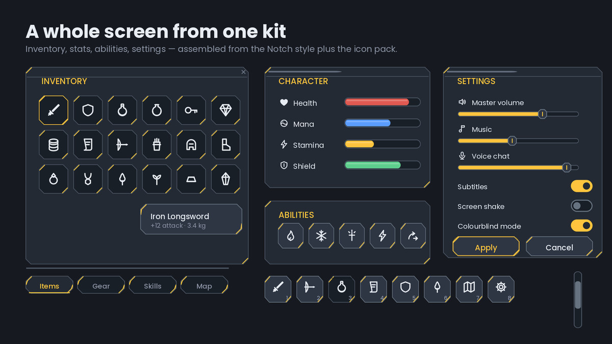 9-Slice UI Kit - 144 Panels, Buttons & Bars