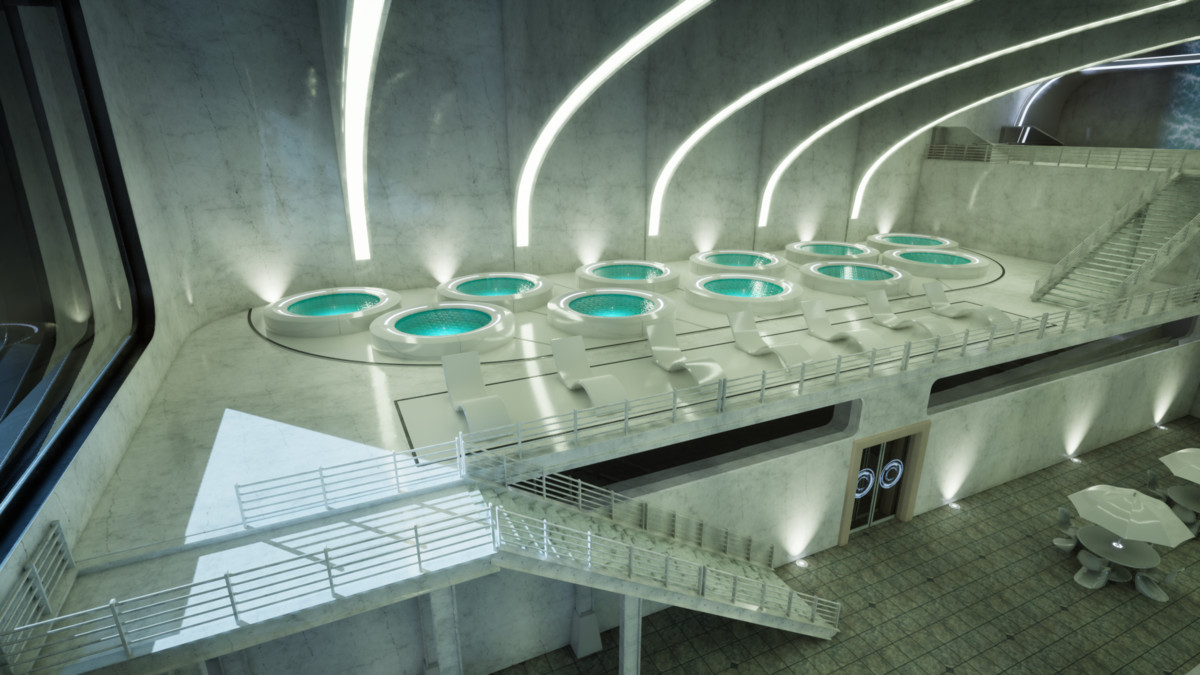 Futuristic Pool Lounge – Luxury Sci-Fi Environment
