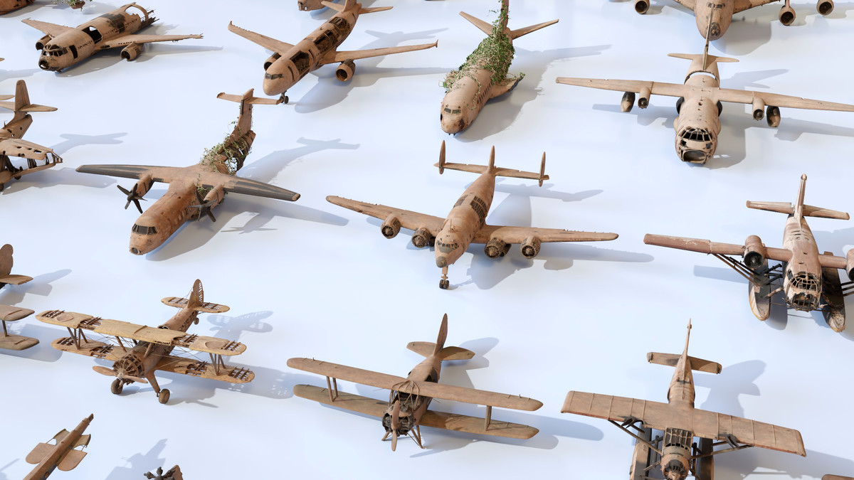 Old Abandoned Junk Rusty Aircraft and Helicopter Set 3d Game Ready Modular Props