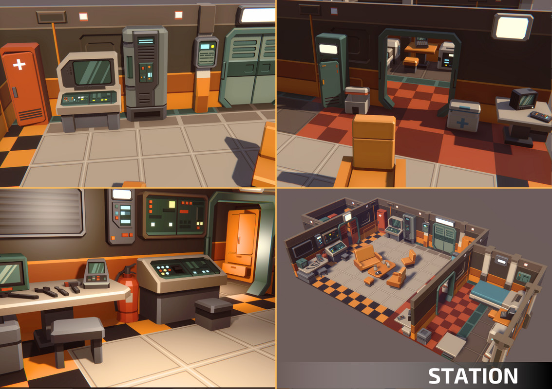 Sci-Fi Low Poly Interior Bundle: Grand Colony Collection (5-in-1) | Cosmic Retro