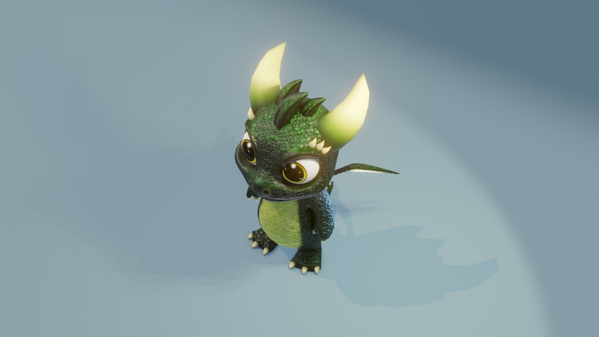 Cartoon Dark Green Baby Dragon 3D Model & 5 Music Tracks & 36 Sound Effects