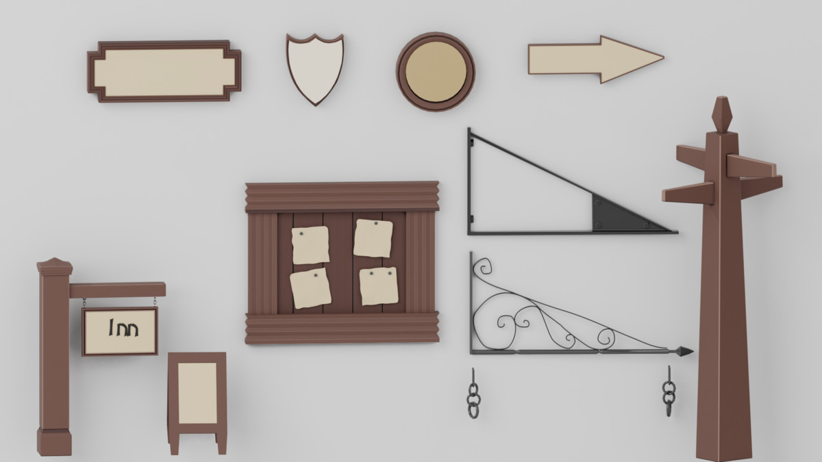 Stylized medieval sign props staged for a fantasy town scene