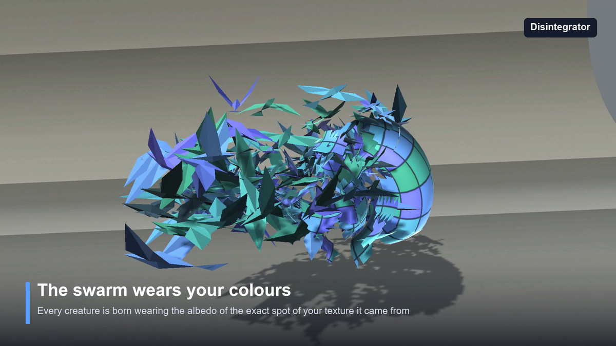 Disintegrator — Dissolve Any Mesh into a Swarm: Bats, Butterflies, Ash, Cards