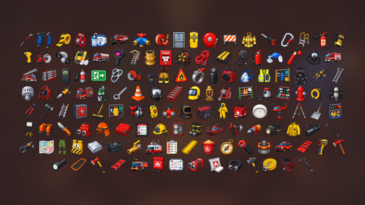 Firefighter Fire Rescue Emergency Equipment Safety Icons Pack