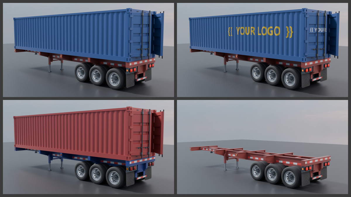 European Semi Truck + Container Trailer | Custom Logo, Openable Doors, Interior