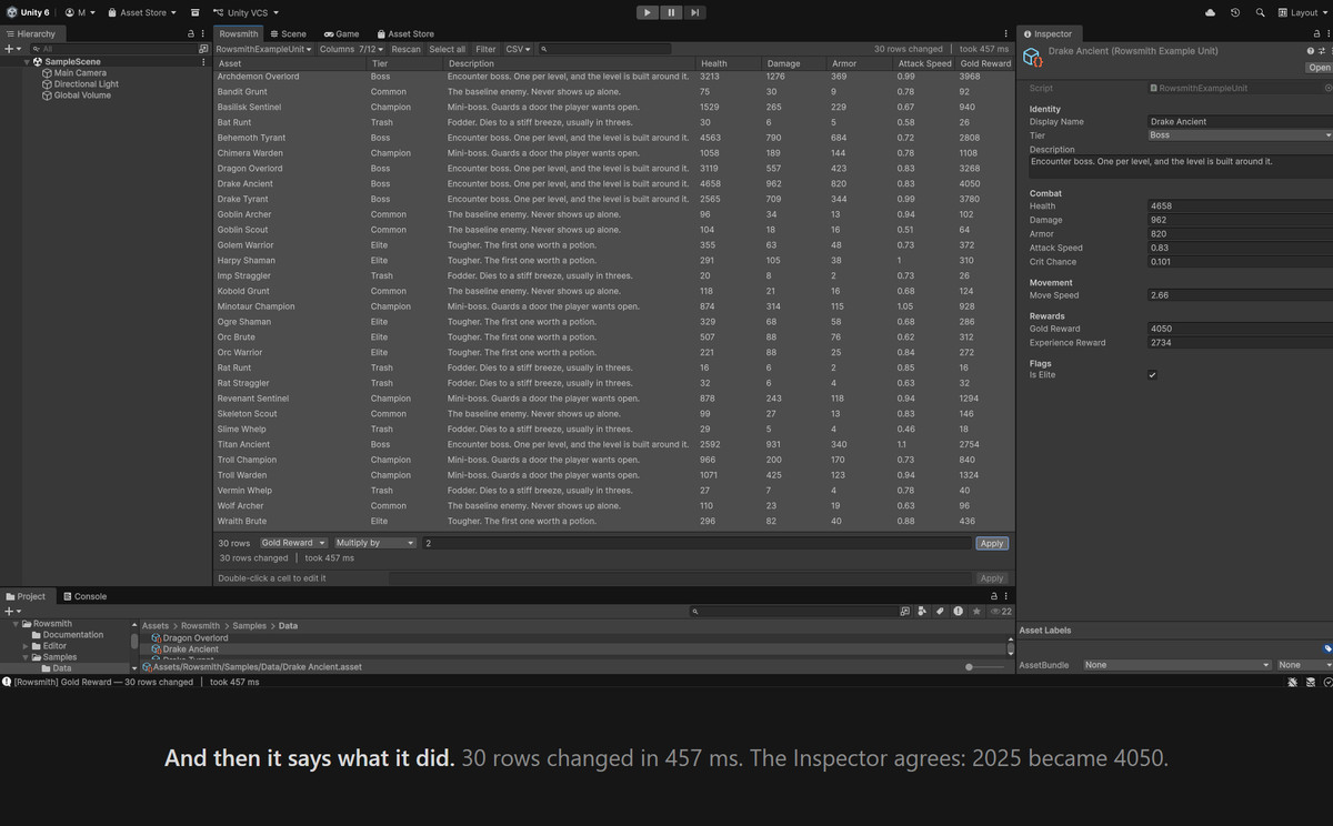 Rowsmith — ScriptableObject Spreadsheet Editor