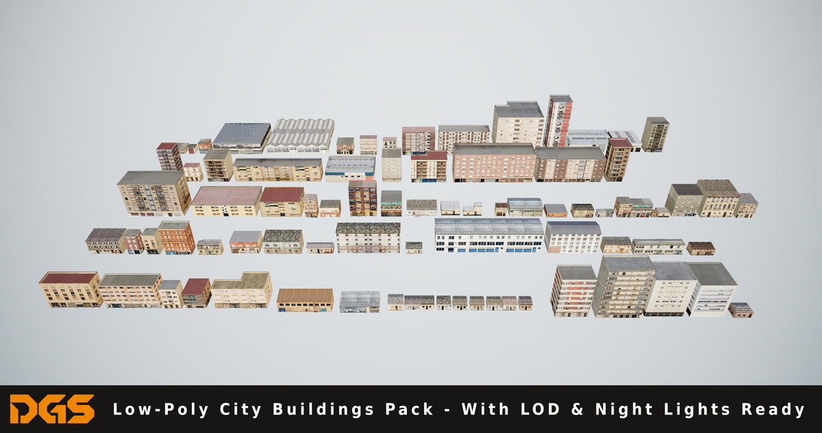 Low-Poly City Buildings Pack - With LOD & Night Lights Ready