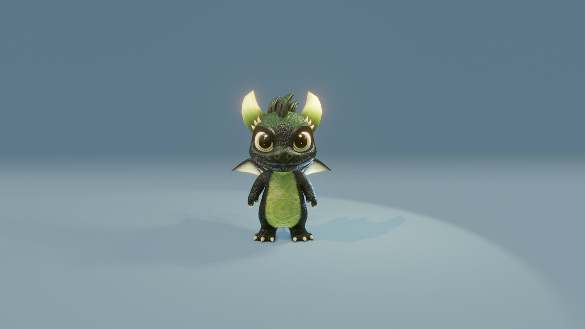 Cartoon Dark Green Baby Dragon 3D Model (Low-Poly, Game-Ready, Built-In)