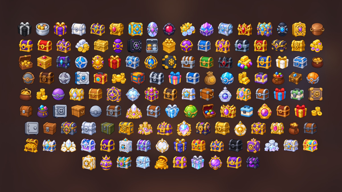Treasure Chests Loot Boxes Gems Coins Vaults Rewards Icons Pack