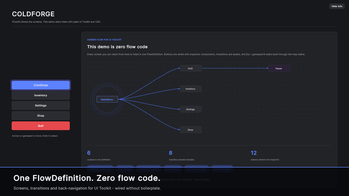 FlowKit — Screen Flow & Gamepad Navigation for UI Toolkit