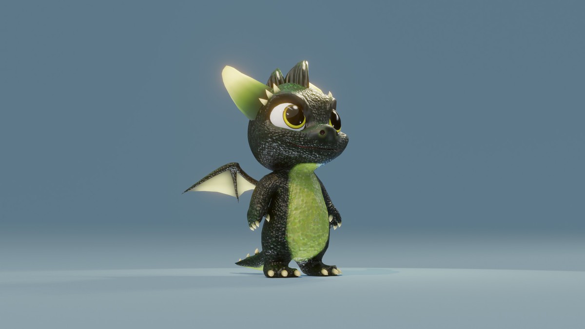Cartoon Dark Green Baby Dragon 3D Model (Low-Poly, Game-Ready, Built-In)