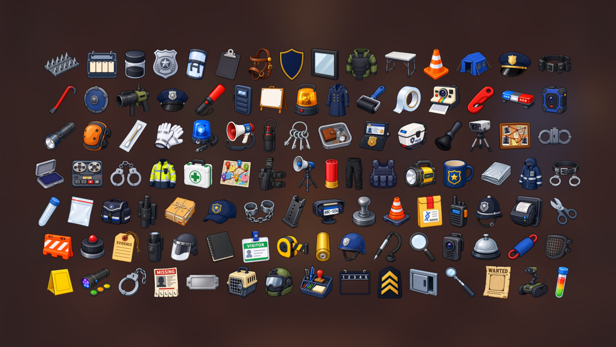Police Equipment Forensics Investigation Security Patrol Icons Pack