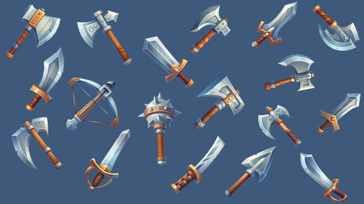 2D Medieval Weapons Pack - 90 Icons, 18 Designs in 5 Colors, Transparent PNG