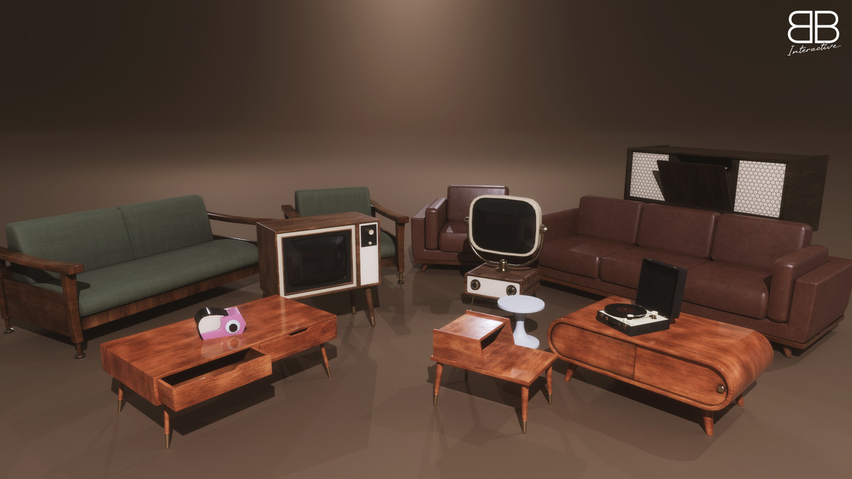 1950s Mid Century PBR Home Furniture and Props Pack Low Poly