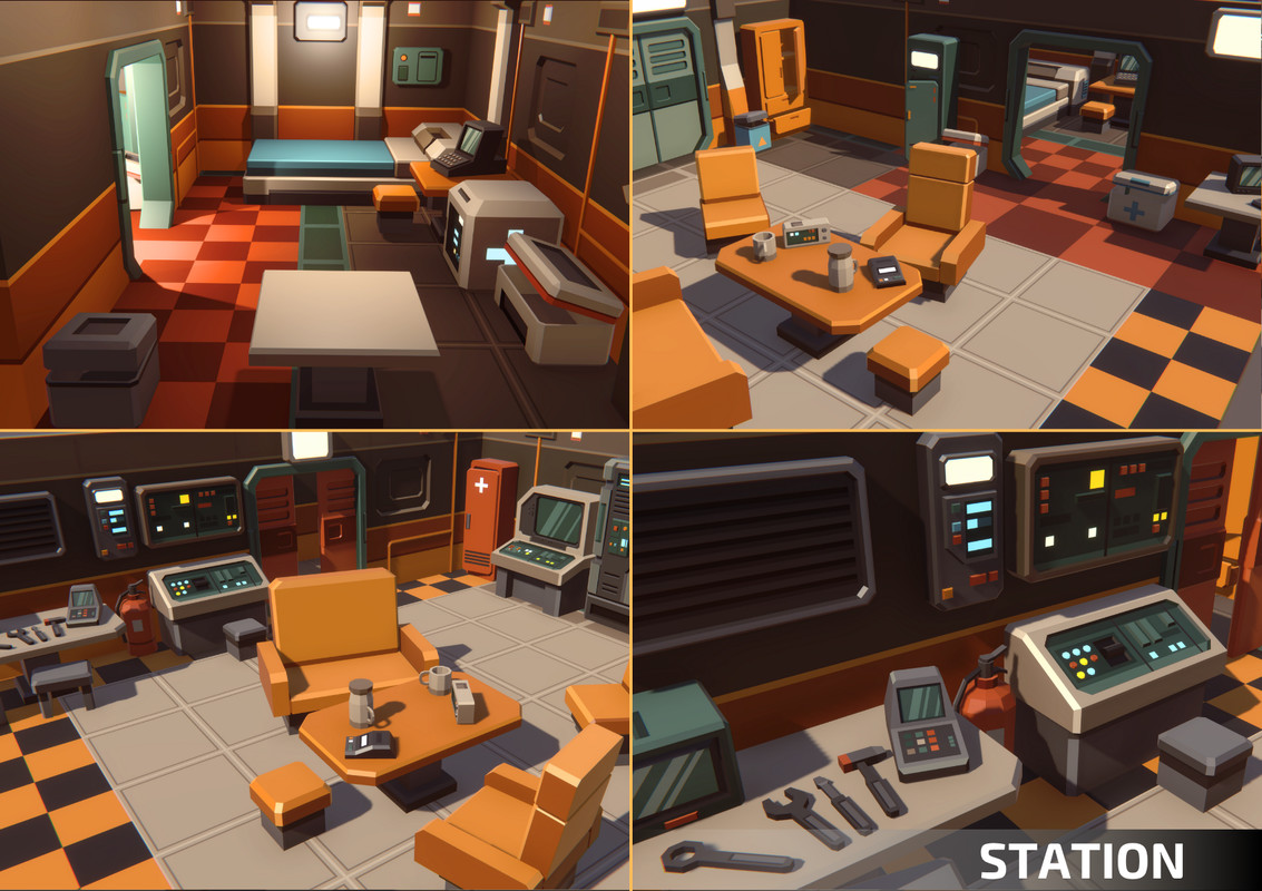 Sci-Fi Low Poly Interior Bundle: Grand Colony Collection (5-in-1) | Cosmic Retro