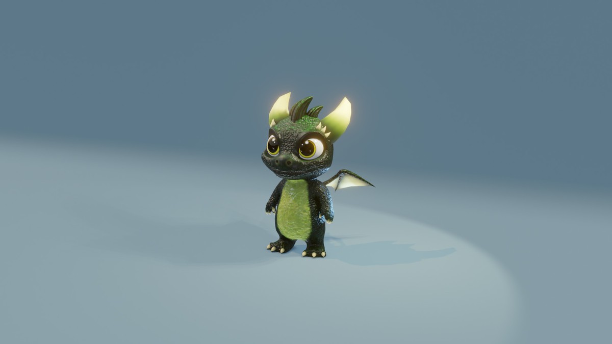 Cartoon Dark Green Baby Dragon 3D Model & 5 Music Tracks & 36 Sound Effects