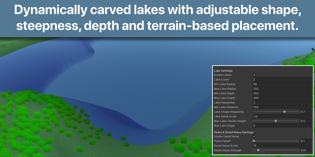 Procedural Terrain Generator with Lakes, Forests, Grass and Texture Blending