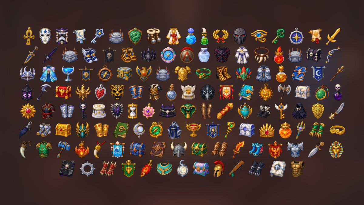 Fantasy RPG Equipment Loot Armor Weapons Magic Treasure Icons Pack