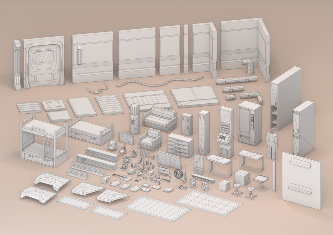 Sci-Fi Low Poly Interior Bundle: Grand Colony Collection (5-in-1) | Cosmic Retro