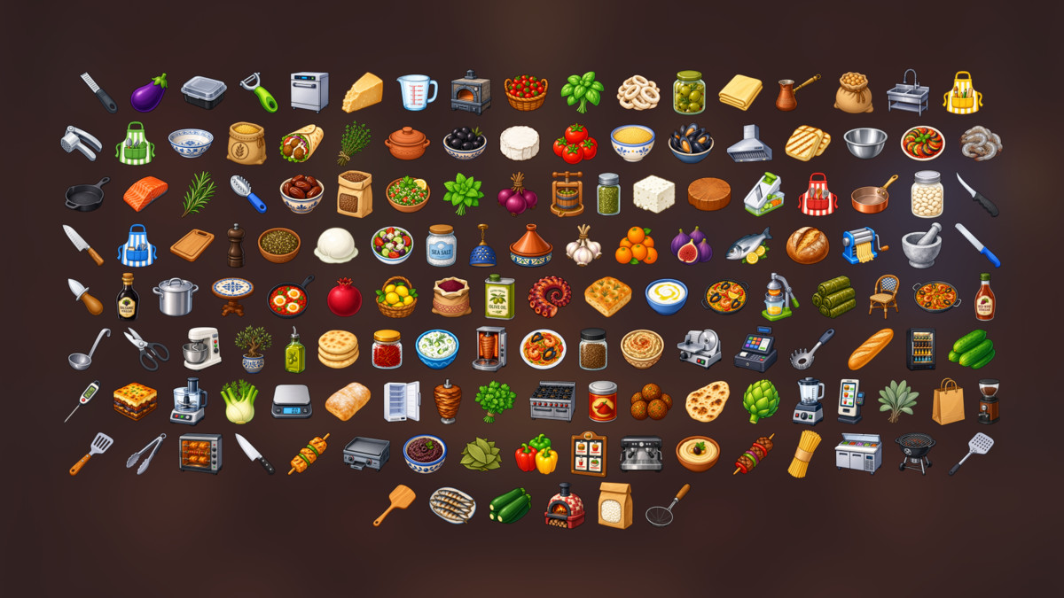 Mediterranean Cuisine Mezze Restaurant Cooking Kitchen Icons Pack