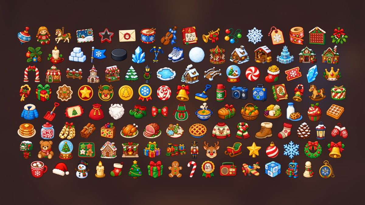 Christmas Winter Holiday Decorations Gifts Food Rewards Icons Pack
