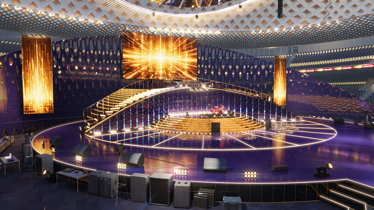 Golden Concert Arena Stadium 3D Model - Futuristic Environment with Stage, Props