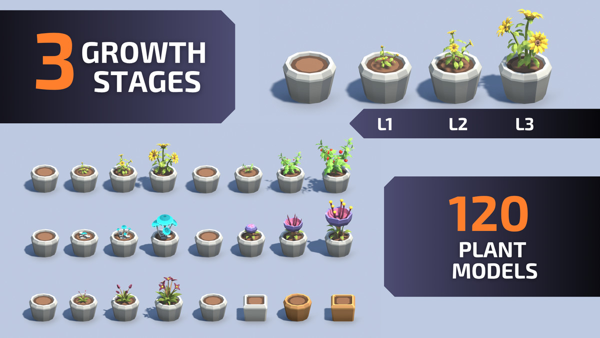 Low Poly Plants & Pots Pack with Growth System / Cosmic Retro