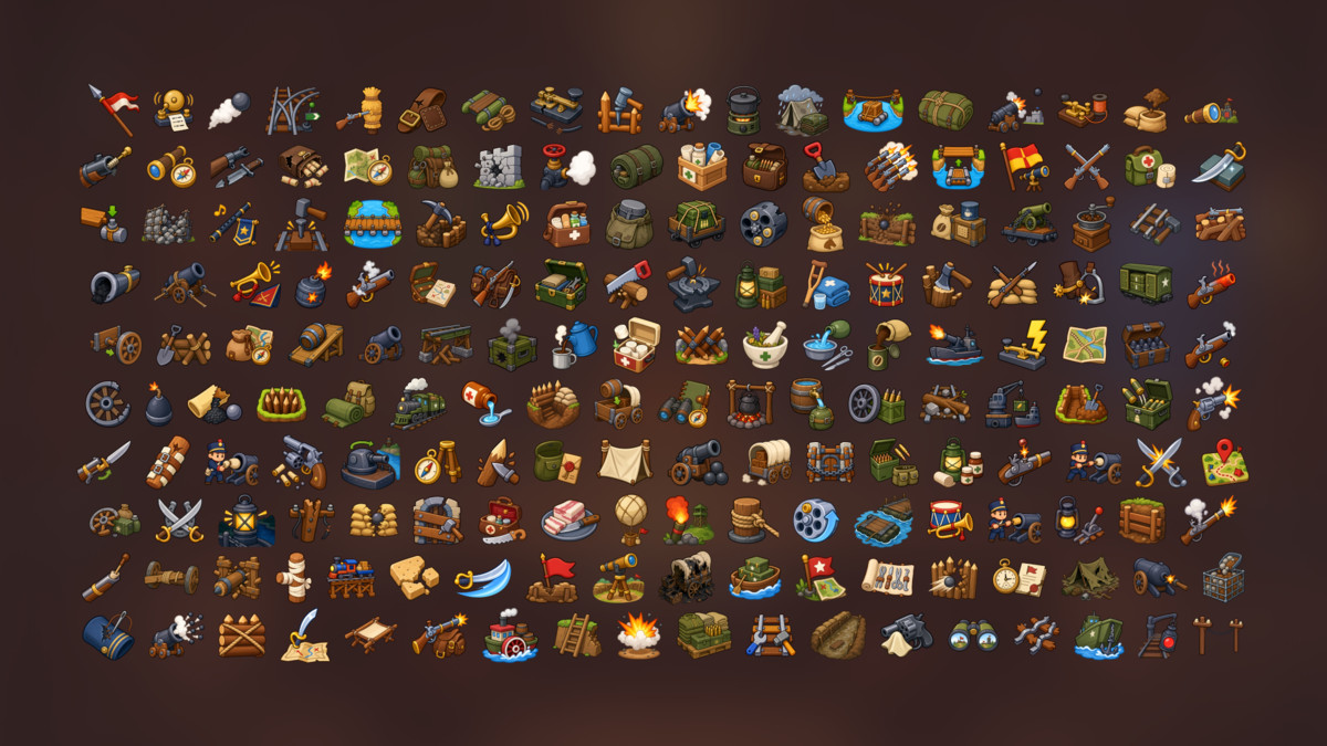 Military Camp Artillery Battlefield Supplies Weapons Icons Pack