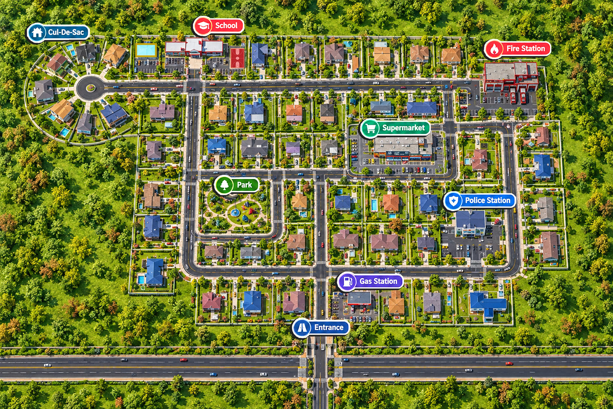 American Suburban Neighborhood – Modular Houses, Interiors & Mobile Optimized