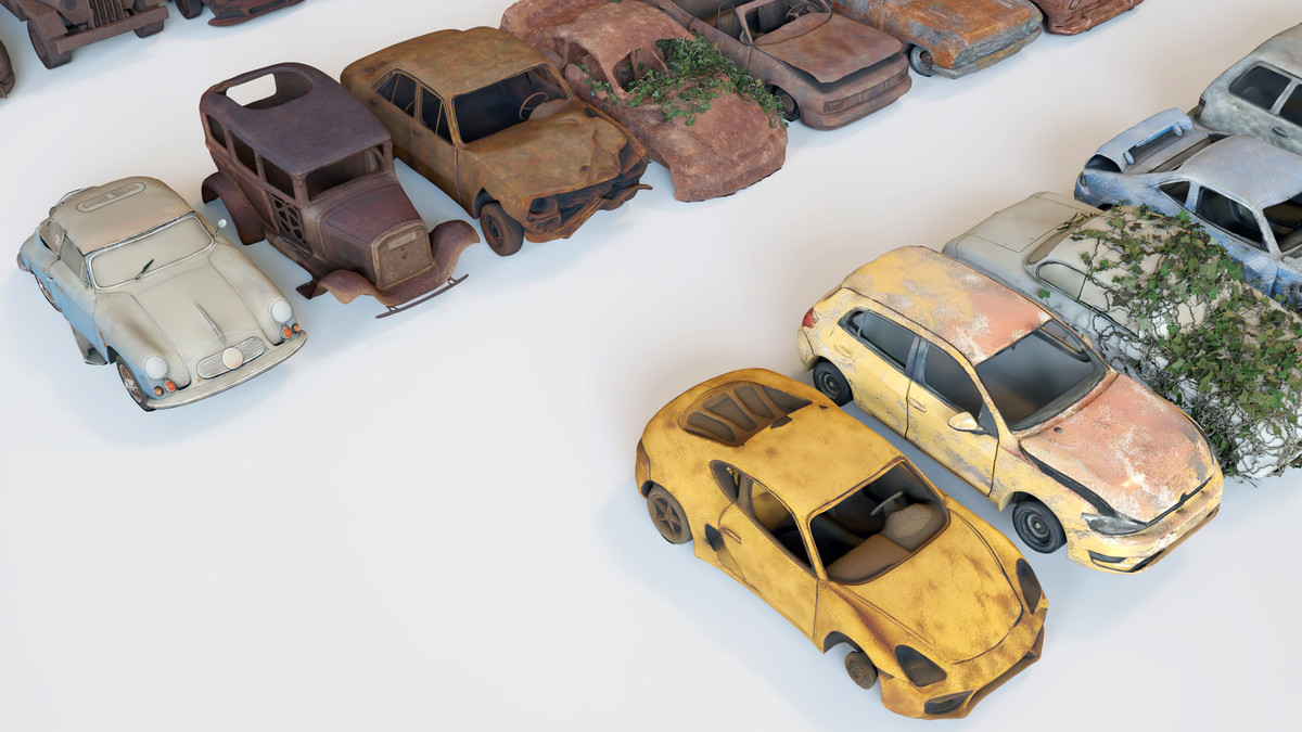 Old Abandoned Junk Rusty Vehicles 3d Game Ready Set (Car, Bus, Motorcycle, Bike)