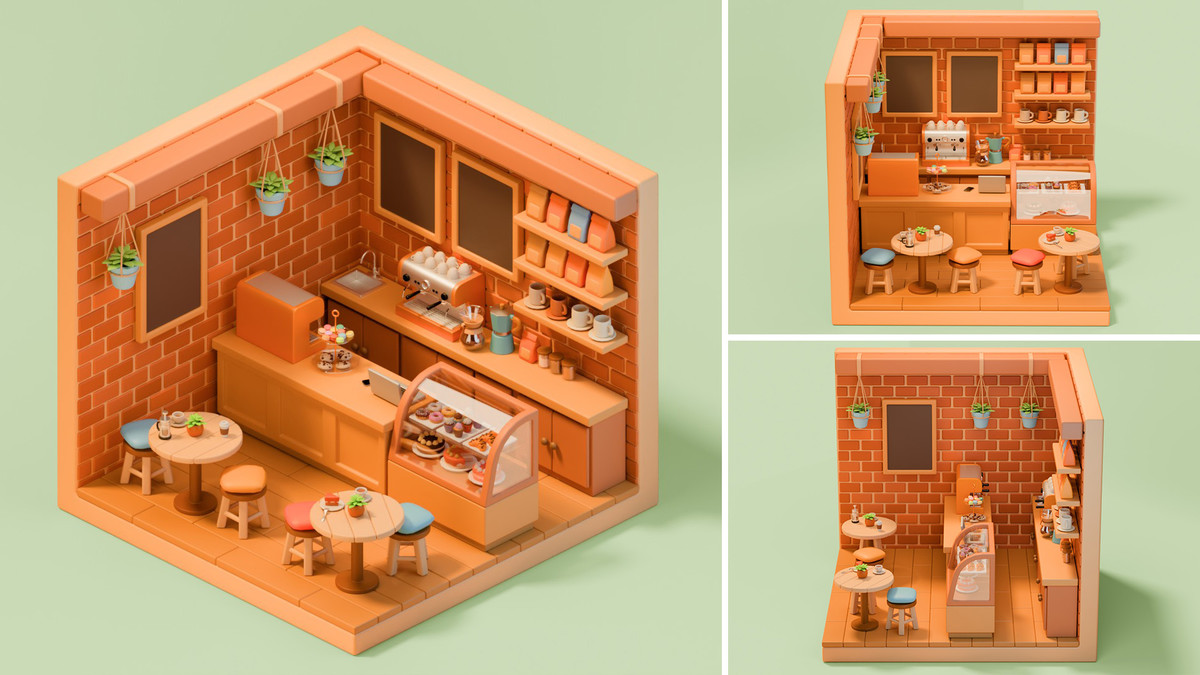 Cozy Coffee Shop Interior Props & Modular Parts