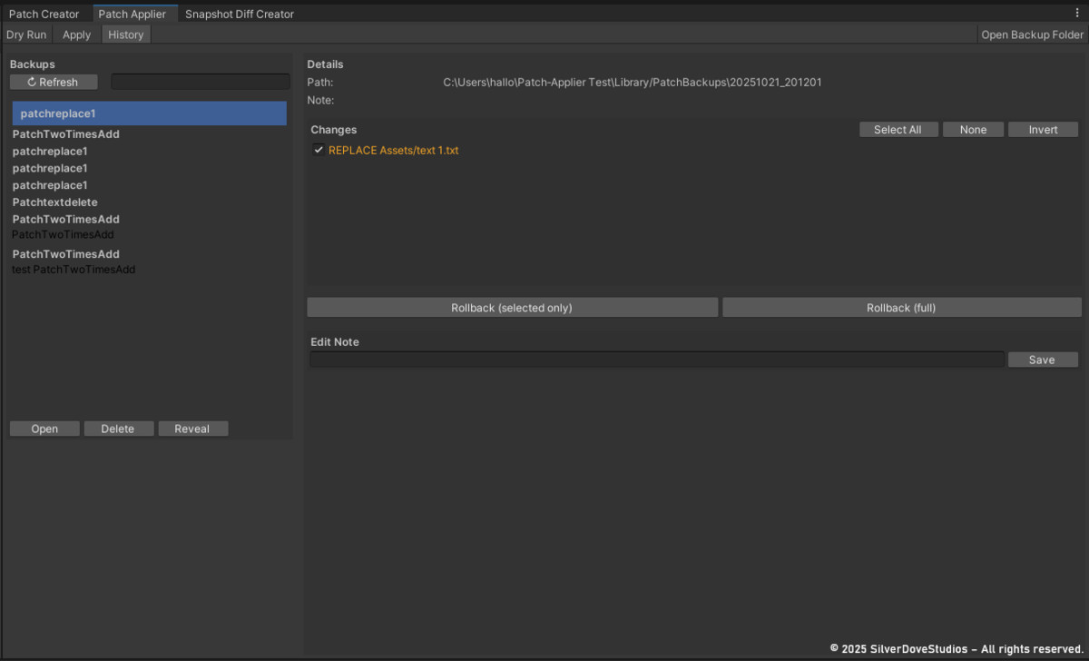 Patch Manager Pro - Versioning, Diff & Rollback for Unity Projects