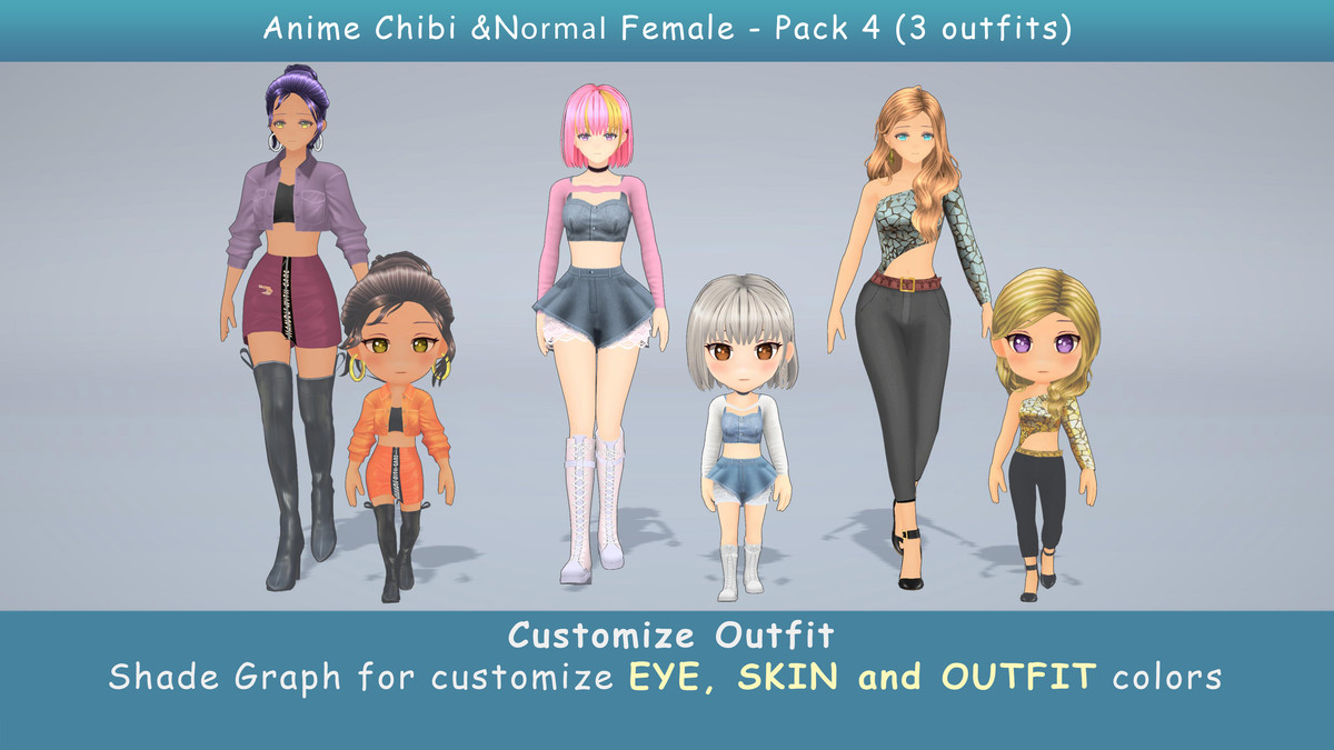 Modular Anime Female Character - Combo 4 (3 outfit)