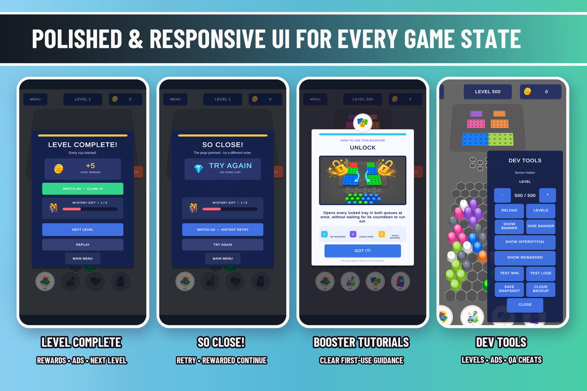 Cup Stack Jam | Sorting Puzzle Game Template + Level Editors + Ads
