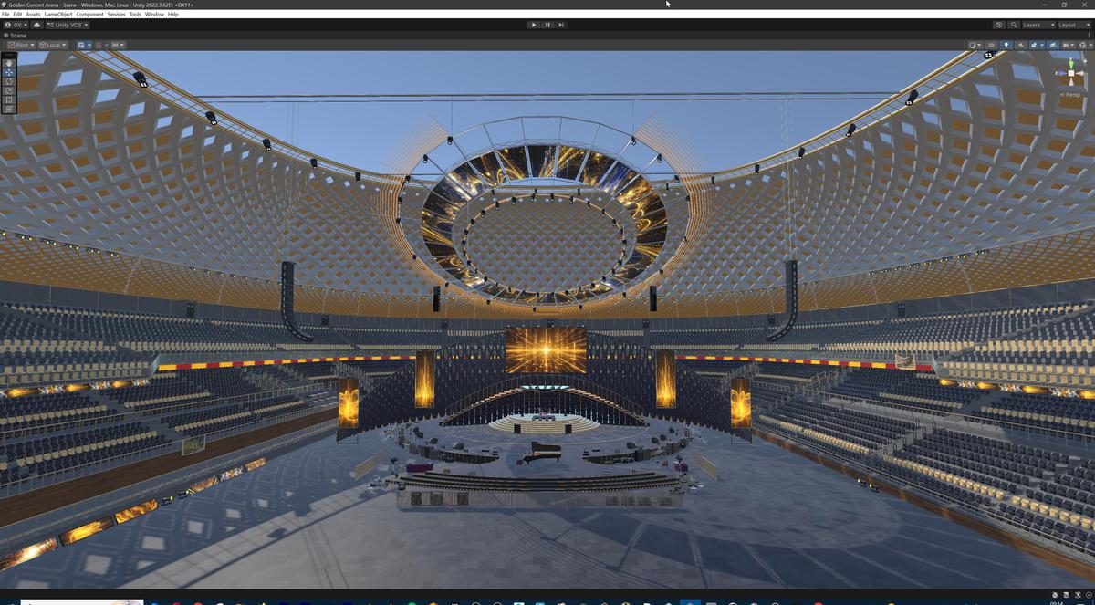 Golden Concert Arena Stadium 3D Model - Futuristic Environment with Stage, Props