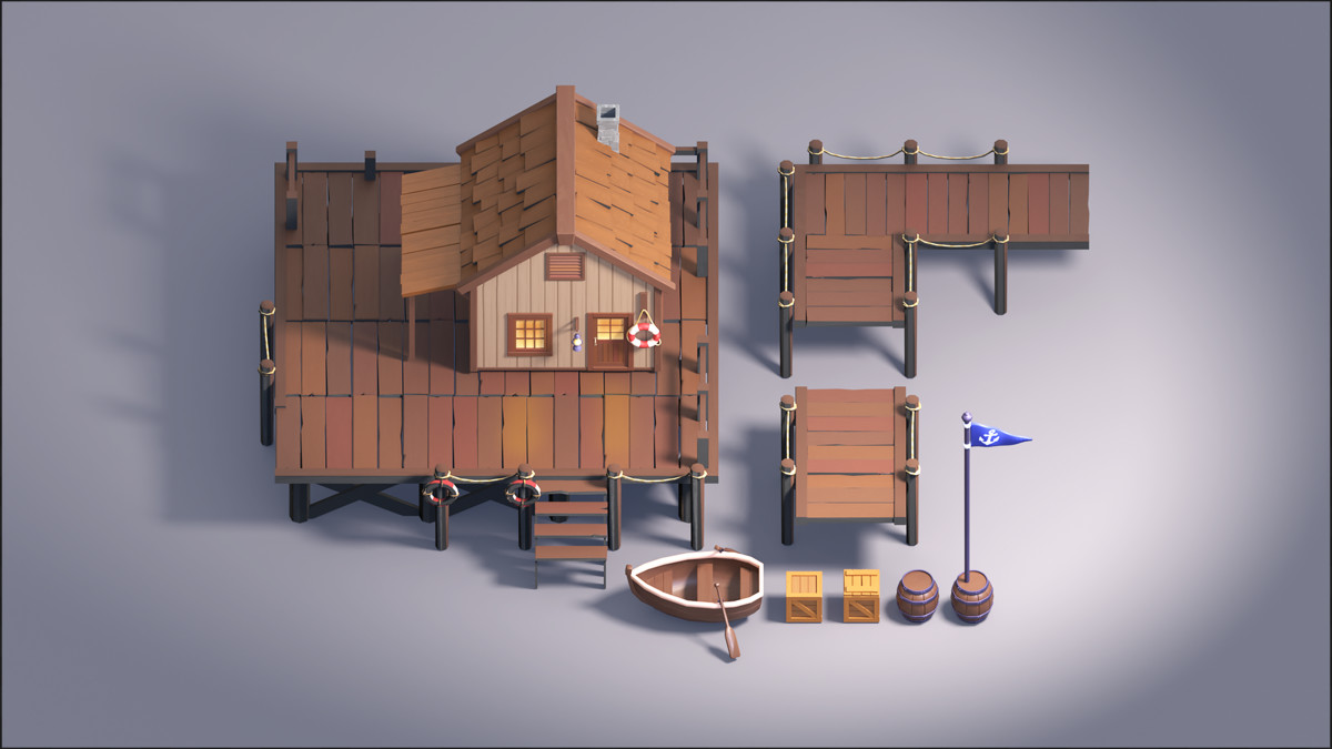 Modular Waterfront System: Fisherman’s Shack, Docks, and Rowboat