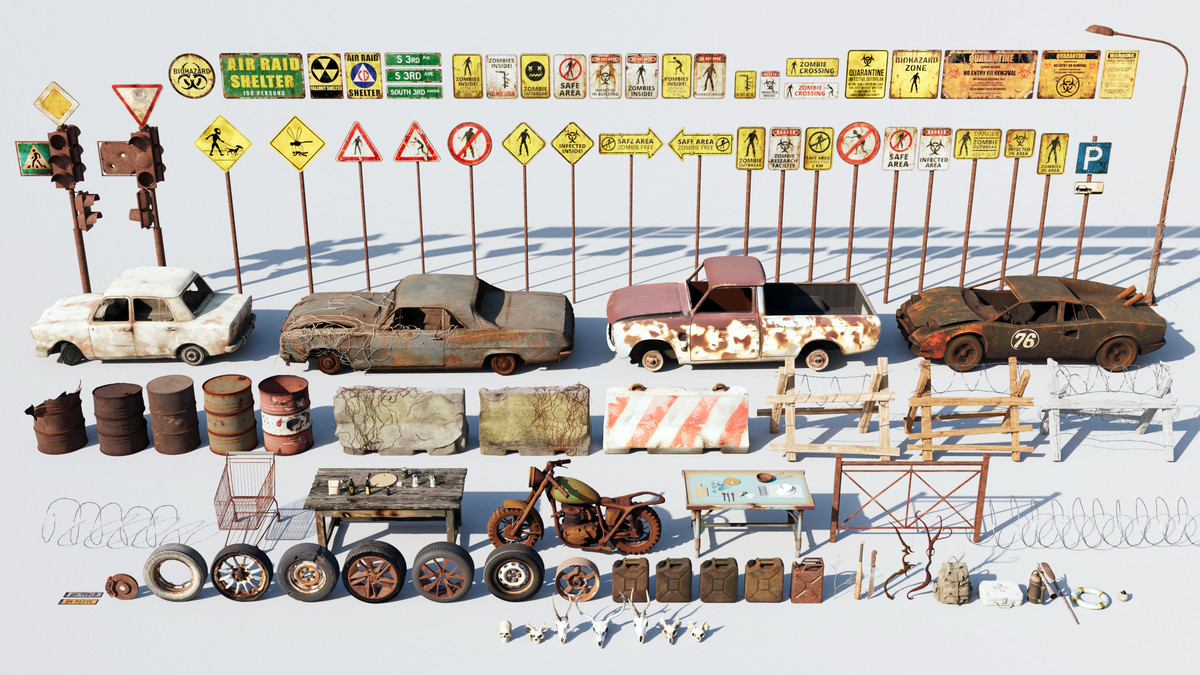 Post-Apocalyptic Survival Urban City Props and Road Signs Pack - 135 3d Models