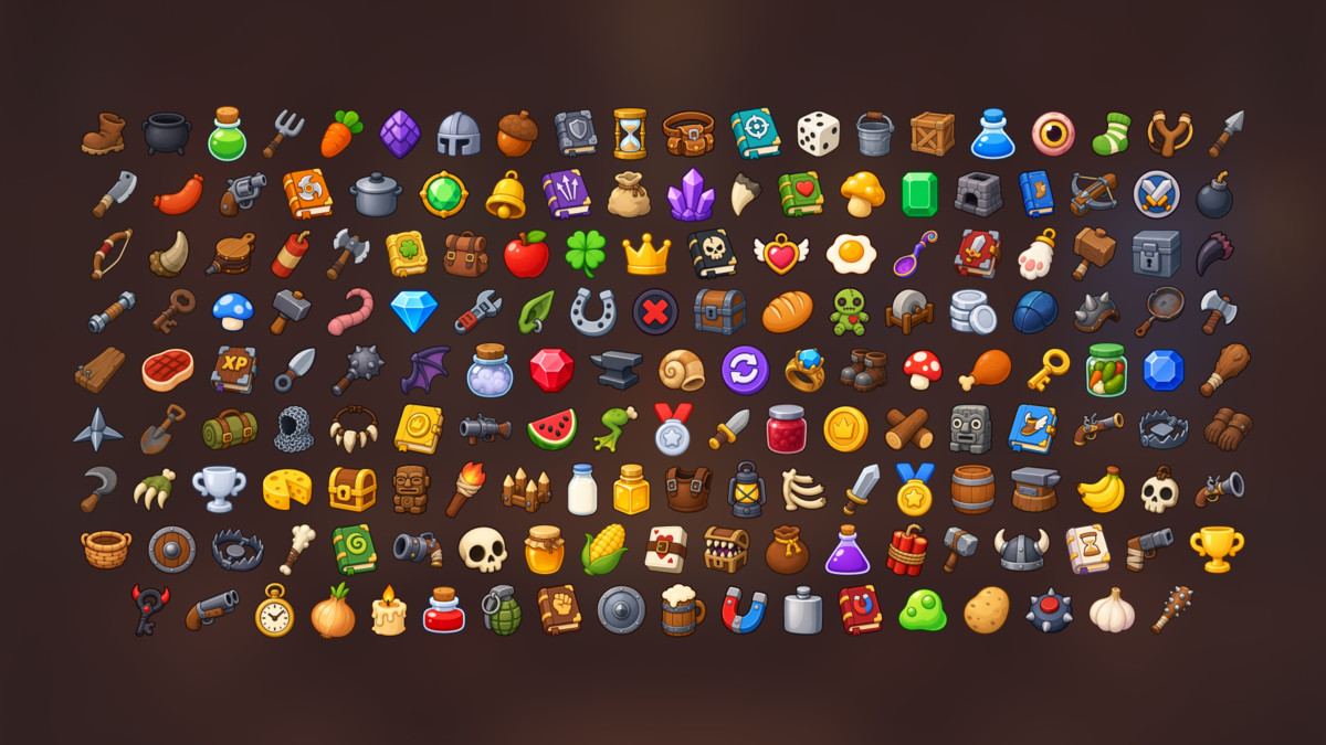 Fantasy RPG Inventory Loot Weapons Potions Treasure Icons Pack