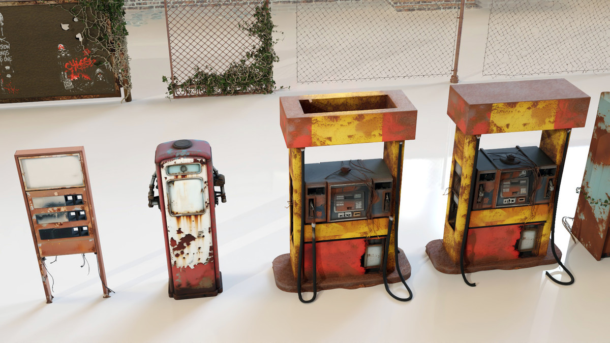 Post-Apocalyptic Junkyard Rusty Gas Station Props Pack (217 3d assets)