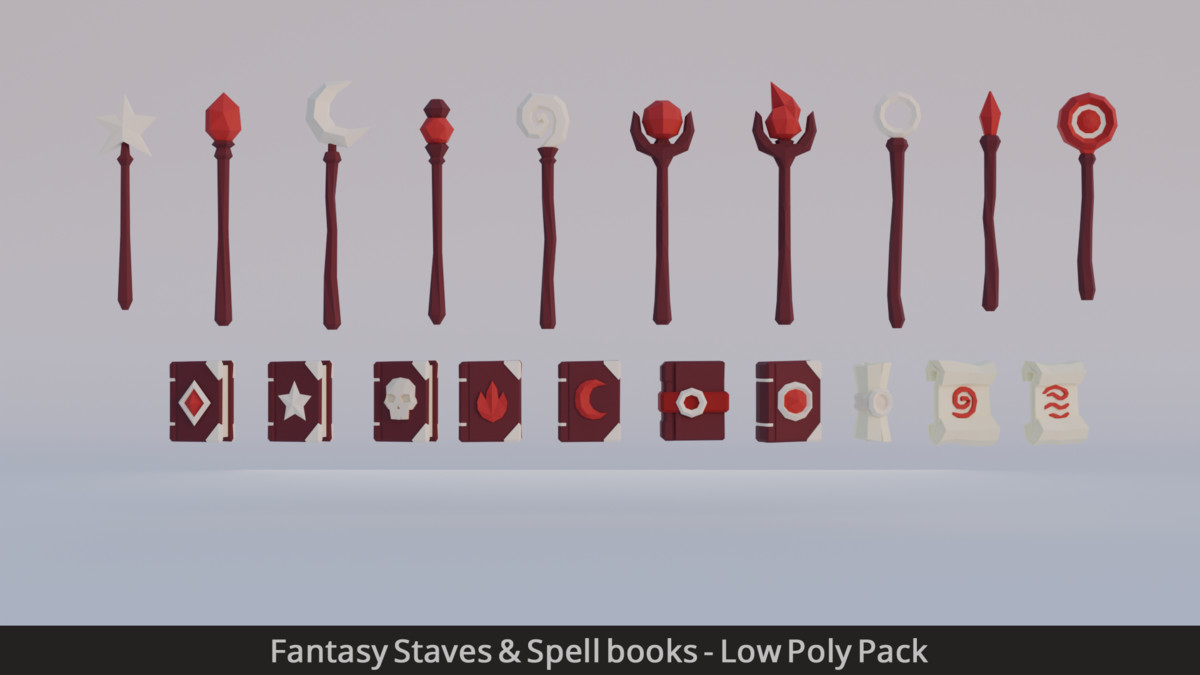 Fantasy Staves & Spell books - Low Poly Pack