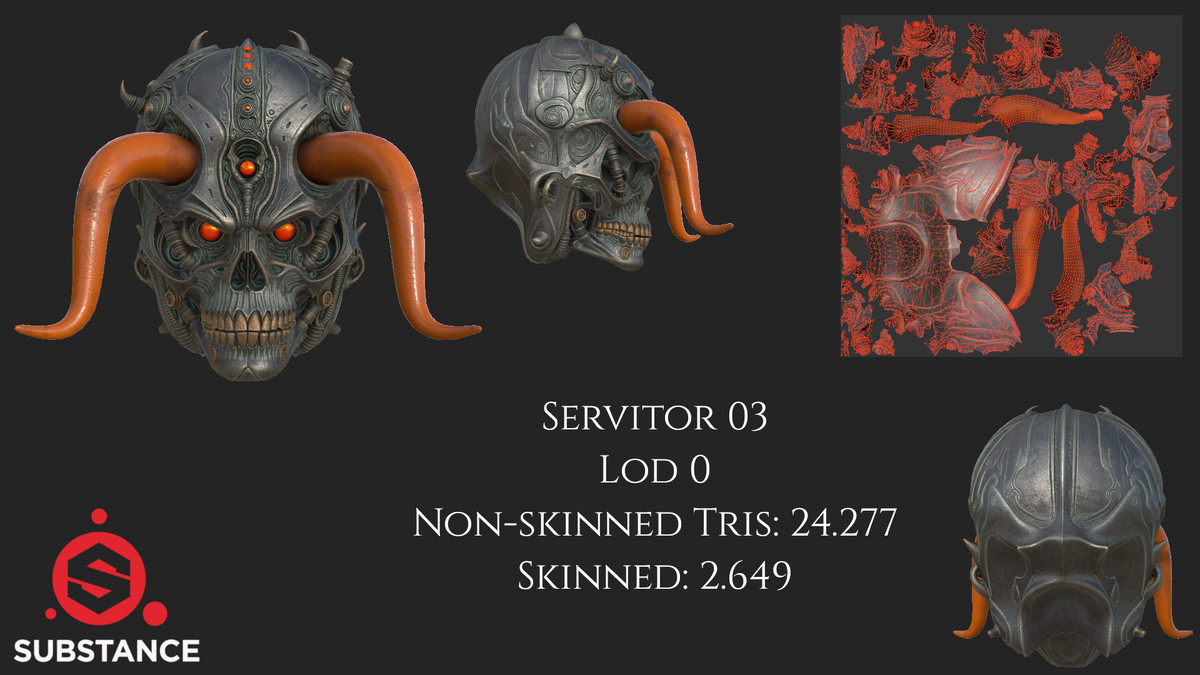 3 Servitor Robot Skulls - Grim Dark Scifi - Procedurally Animated