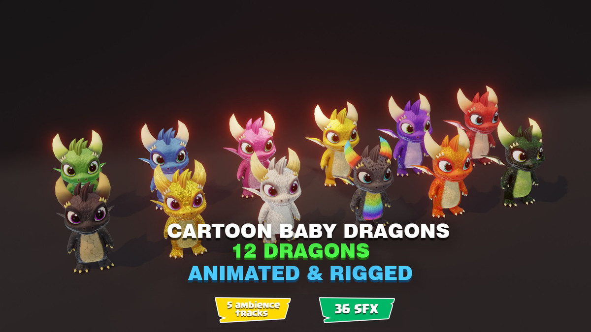 Cute Baby Dragons 3D Model With 5 Music Tracks and 36 Sound Effects (Built-In)